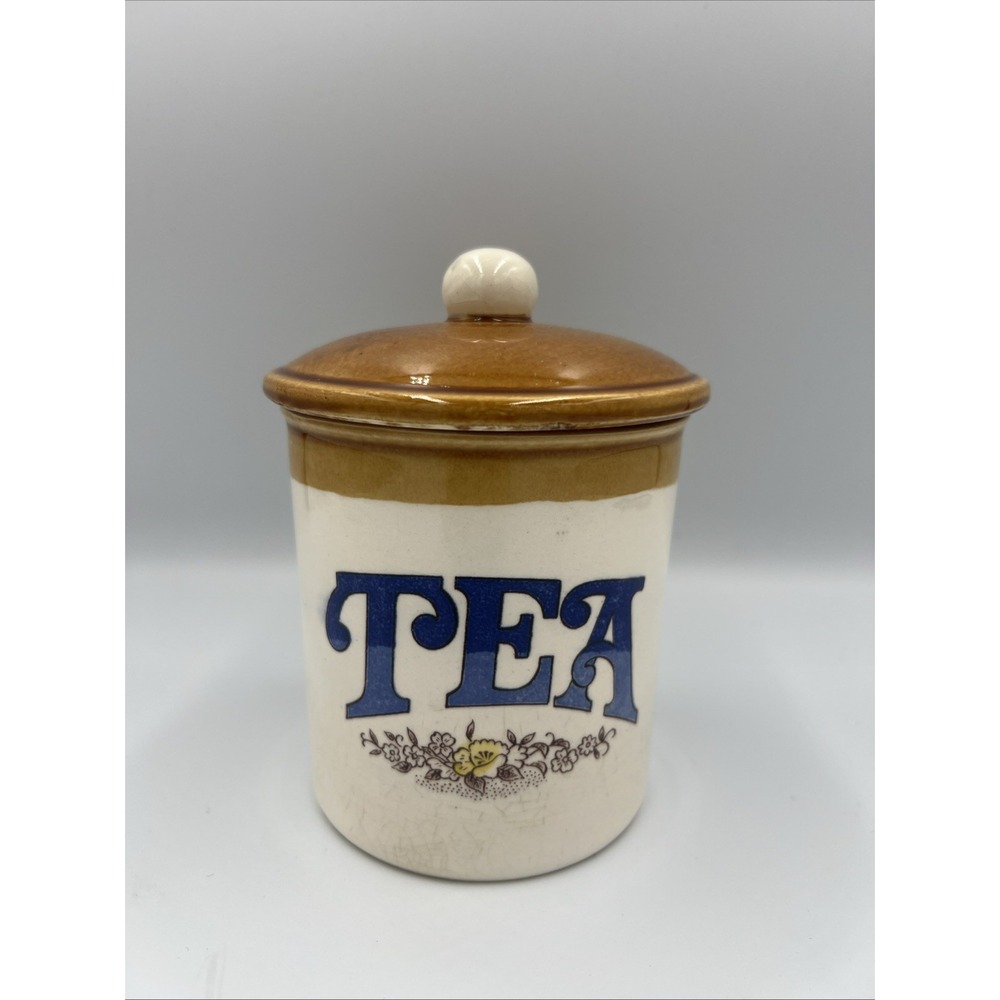 Vintage Glazed Ceramic Tea Canister‎ White Floral Blue Brown Lid Cabin Cottage